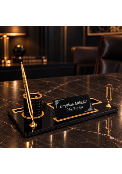 Ofis Prestij Regent Kişiye Özel Altın Detaylı Masa İsimliği Ve Organizer Seti Siyah - Gold