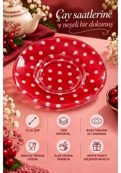 6 Lı Cam Çay Tabağı Kırmızı Beyaz Puantiyeli 12 Cm 6 Adet Çay Tabak