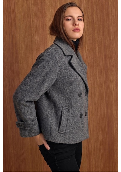 Olcay Ceket Yaka Oversize Kısa Kaban Koyu Gri 3204