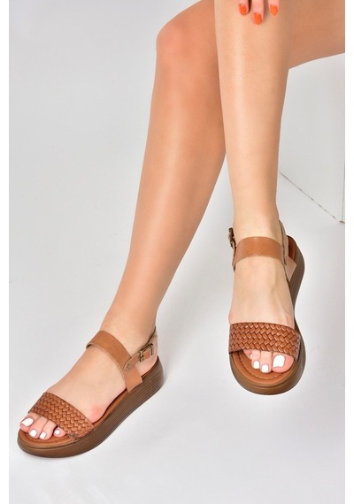 Fox Shoes Taba Hakiki Deri Örgü Modelli Günlük Kadın Sandalet