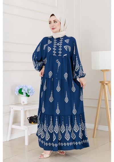 Sevitli Yarım Düğmeli Robalı Eslem Elbise-indigo-5186 İndigo