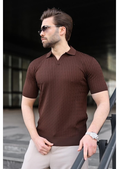 Madmext Kahverengi Slim Fit Polo Yaka Triko Erkek Tişört E7472 Kahverengi