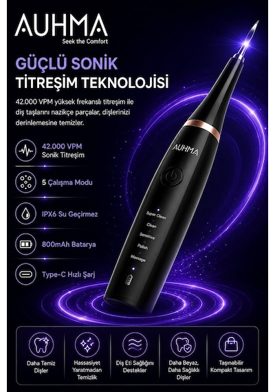 Ultrasonic Şarjlı Elektrikli Akıllı Diş Temizleme Cihazı Beyazlatıcı 5 Mod 3+1 Başlık, Ipx8 Su Geçir