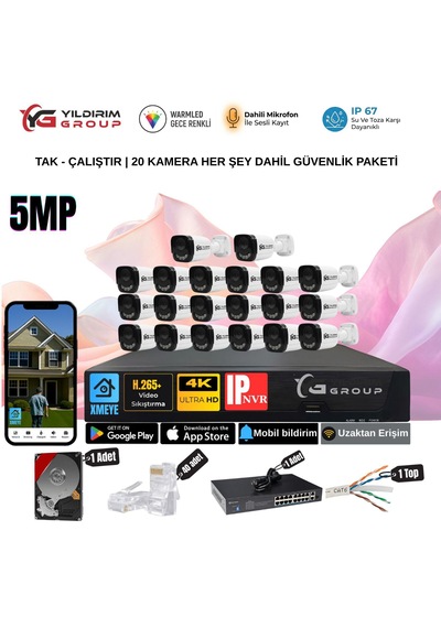 Yıldırımgroup 20 Kameralı Sesli 5mp Ip-gece Renkli Araç Ve Yüz Tanımalı Kamera Sistemi-hazır Kamera Seti