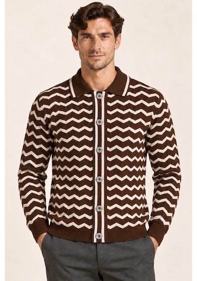 Tarz Cool Erkek Polo Yaka Zikzak Desenli Düğmeli Triko Hırka Akrilik Karışımlı Slim Fit Kahverengi