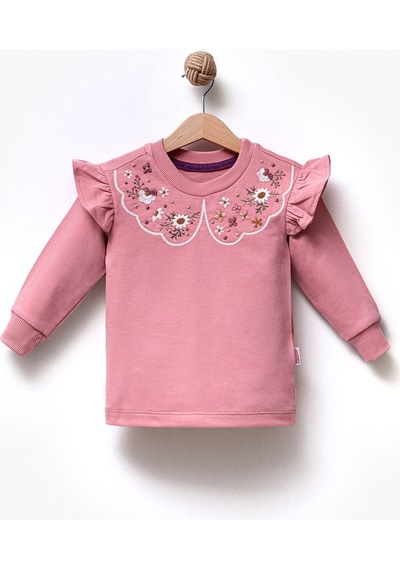 Overdo Kids Fırfırlı Yakası Çiçek Nakışlı 2 İplik Uzun Kol Kız Çocuk Sweatshirt Pembe