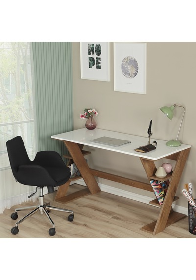 Pasific Home Lungo Raflı Çalışma Masası, Ofis Masası, 60X140 Cm, Koyu Meşe&Beyaz
