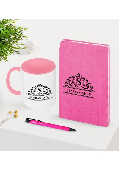Kişiye Özel Isimli Pembe Defter Kalem Kupa Seti -12