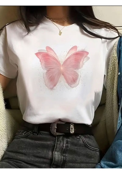 Medinenur Pembe Kelebek Detaylı Basic T-shirt Beyaz