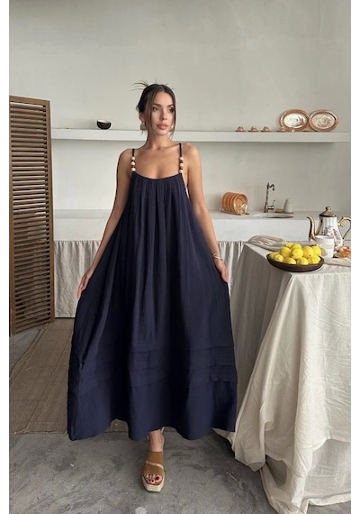 Defymoda Lacivert Askılı Müslin Elbise Lacivert