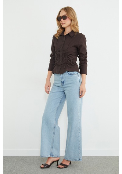 Fullamoda Önü Büzgülü Slim Fit Gömlek Kahve