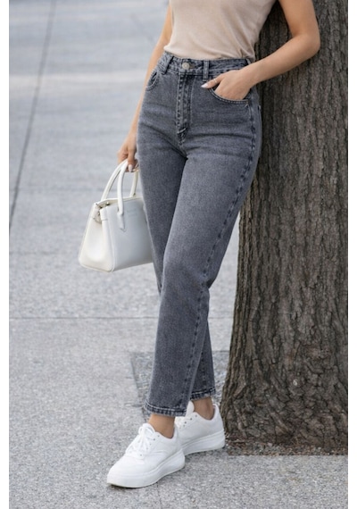 Cedy Denim Kadın Yüksek Bel Soho Boyfriend Jean C599 Gri