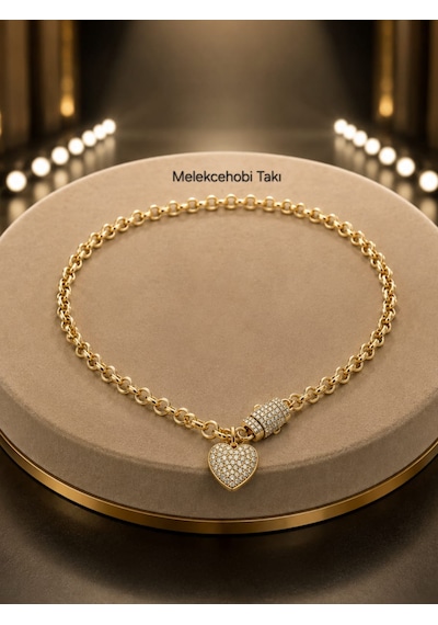 Melekcehobi Takı 14k Altın Kaplama Xuping Zirkon Taşlı Kalp Kilitli Doç Zincir Kolye Gold