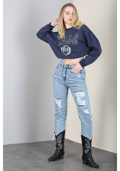 Madmext Mad Girls Mavi Yırtık Mom Jean Mg1163-Mavi