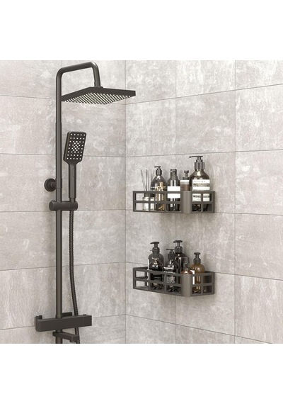 Lexroo 2'li Set Siyah Yapışkanlı Banyo Duş Rafı