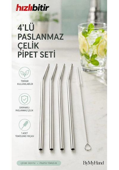 Bymyhand Paslanmaz Çelik Pipet 4'lü Set Temizleme Fırçası Hediye Diğer