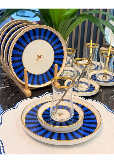 18 Parça Modern Piano Blue Bird Pasta Çay Saati Seti-5548 Lacivert