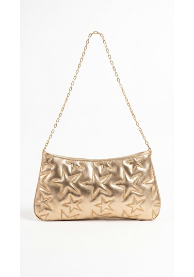 Esvelans Yıldız Desenli Zincir Askılı Portföy El Kol Ve Omuz Çantası Astarlı Clutch Çanta Altın Gold