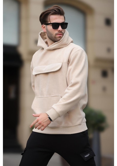 Madmext Bej Kapüşonlu Kapaklı Cep Detaylı Polar Erkek Sweatshirt 7097 Bej