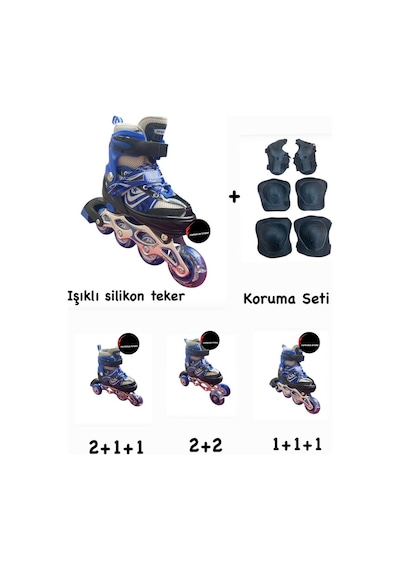 Işıklı Çocuk Pateni Ayarlanılabilir Alıştırma Silikon Tekerli Frenli Metal Gövdeli Paten Dizlik Set Mavi