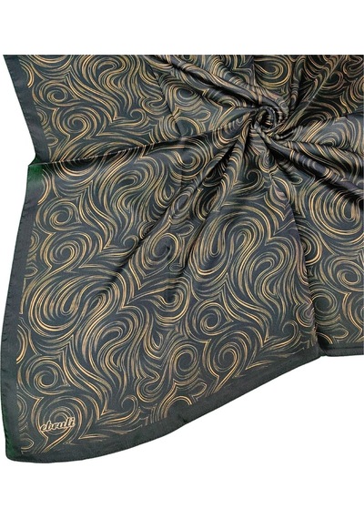 Mim Eşarp Ebruli Jan Jan Spiral Desenli Eşarp 90x90 Cm Siyah - Gold