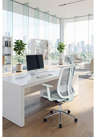Ofisbazaar Up Beyaz Fileli Yönetici Koltuğu Ergonomik Başlıklı Ofis Koltuğu Gri Gri
