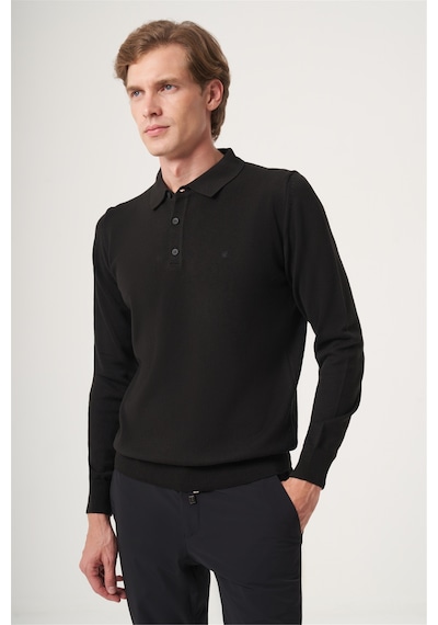 İmza Siyah Polo Yaka Uzun Kol Örme Comfort Fit Pamuklu Kazak 1012265007