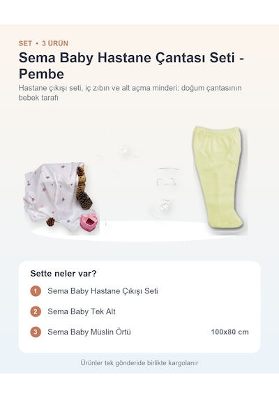 Sema Baby Hastane Çantası Seti 3 Parça: Hastane Çıkışı Seti + Tek Alt + Müslin Örtü - Pembe