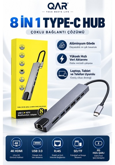 Type-c 8 İ 1 Arada Usb-c Hub Çoklayıcı 4k Hdmı Rj45 Ethernet Sd Tf Kart Okuyucu Usb 3.0 Pd Şarj