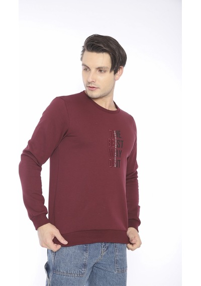 Escetic Erkek Spor Slimfit, Bisiklet Yaka Bordo Sweatshirt-4268 Bordo