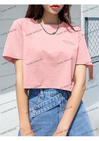 Flood Of Style Crop Ckod-232913 Dazy Sloganlı Grafik Kısa Pembe