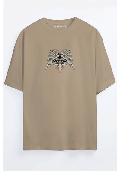 Kılıc Iskelet Baskılı Unisex Siyah - Beyaz - Turuncu - Bej Oversize T-shirt Bej