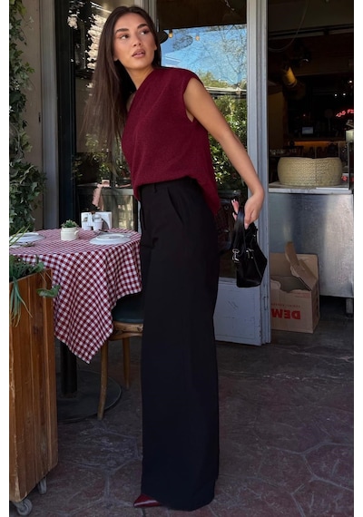 Madmext Siyah Yüksek Bel Keten Wide Leg Pantolon Mg2718