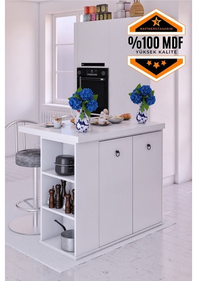 Mdf Adore Çok Amaçlı Mutfak Adası 2 Kapaklı Raflı Beyaz