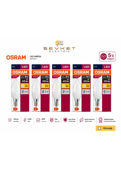 Osram 4.9w 40w 5'li Led Mum Ampul Sarı-2700k E14 5 Adet