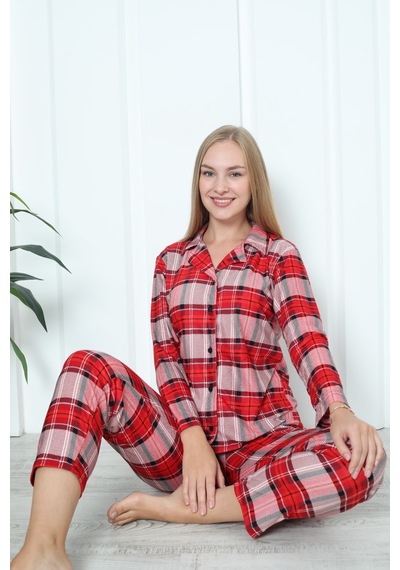 Wordex Mr 3707 Boydan Düğmeli Soft Süet Kışlık Kareli Kadın Pijama Takımı Kırmızı