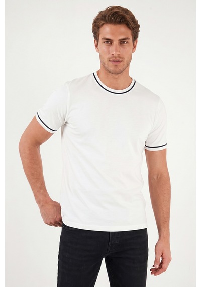 Buratti Pamuklu Bisiklet Yaka Kontrast Şeritli T Shirt Erkek T Shirt 5904034 Ekru