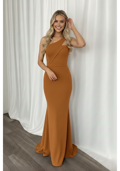 Defymoda Kadın Vücudu Saran Scuba Kumaş Tasarım Kahverengi