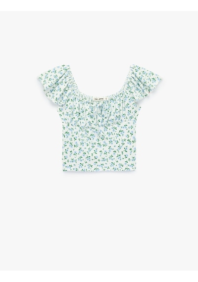 Koton Çiçek Desenli U Yaka Kısa Kollu Crop Bluz Mavi Desenli 6sal60046ık