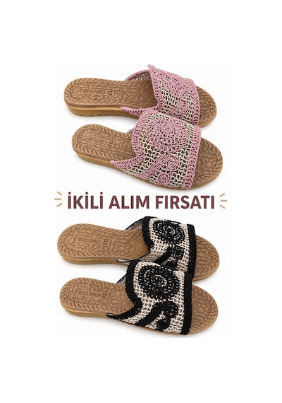 Papucumun Dünyası Kadın Dantel Örgü Detaylı Şık Rahat Hafif Terlik Çok Renkli1