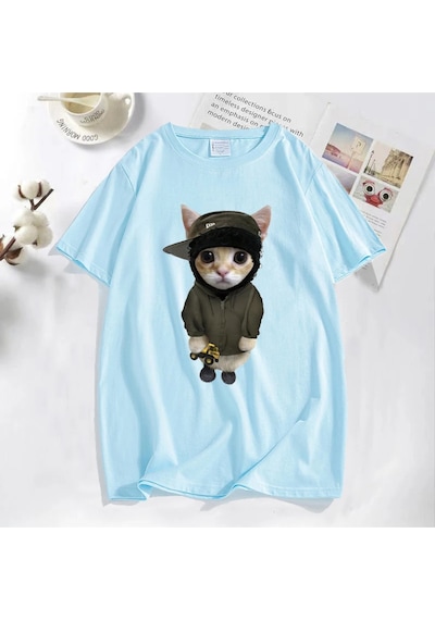 Flood Of Style Tonka T Shirt İle Yeat Kitty Erkekler Komik Sevimli Kedi Grafik Tee % Baskılı Tişört Pamuk Te Mavi