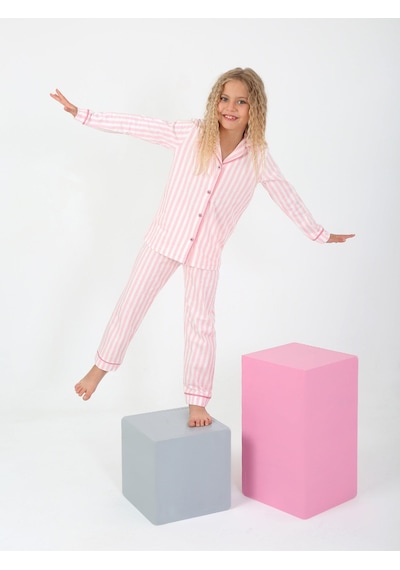 Kız Çocuk Uzun Kollu %100 Pamuklu Düğmeli Pijama Takımı Pure Pembe