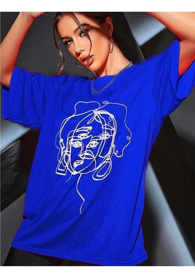 Kozia Outdoors Malkoçbey Kadın Yüz Figür Detaylı Basic Oversize Unisex T-shirt Mavi
