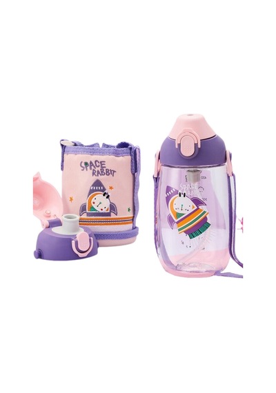 480ml Kılıflı 2 Ayrı Kapaklı Pipetli/pipetsiz Tritan Çocuk Su Matarası Mor-yavruağzı Diğer