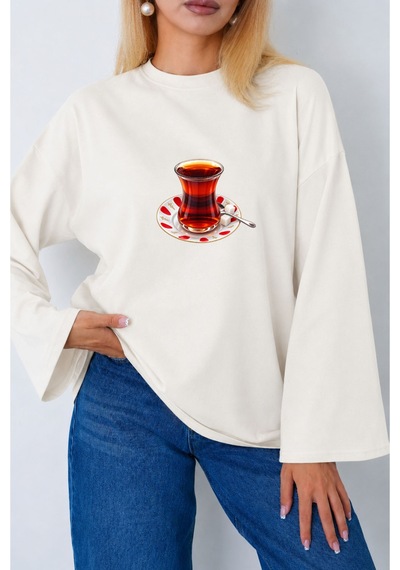Herkesemoda Çay Bardağı Baskılı Uzun Kollu Tesettüre Uygun Body Ekru