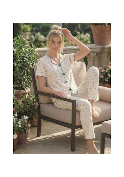 Eyfuze Kadın Baskılı Fiyonk Detaylı Raporlu Kaşkorse Kısa Kollu Pijama Takımı Beyaz-8