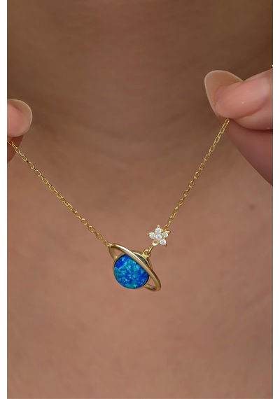 Nereze 925 Ayar Gümüş Gold Kaplama Mavi Opal Taşlı Gezegen Kolye