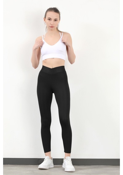 Giysa Kadın Bel Çapraz Lastikli Slim Fit Tayt Siyah - 4019 Siyah