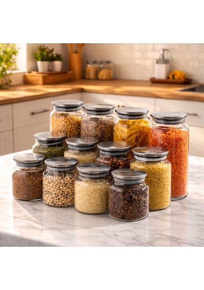 Porsima Bormio Metal Kapaklı 12 Cam Kavanoz Seti Vakum Kapaklı Saklama Düzenleme Kabı Seti 650-900-1400ml Şeffaf