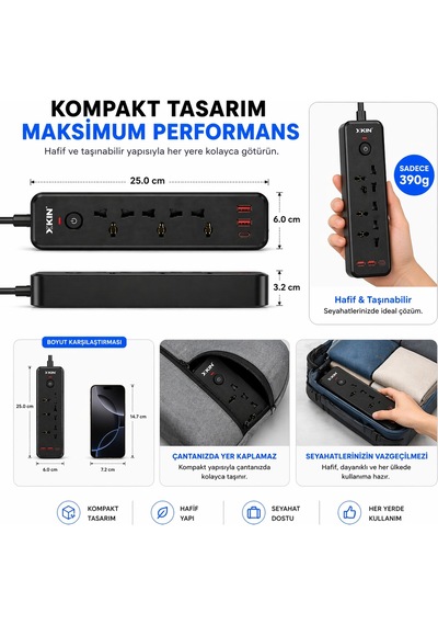 Bychie Xkin 2500w Akım Korumalı Priz 6 Lı Usb-c Pd 30w 0.1 M